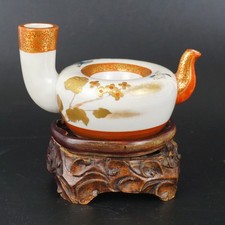 Antique Japanese Kutani Teapot Water Dropper Wine Ewer Wooden Stand MEIJI 19th C
