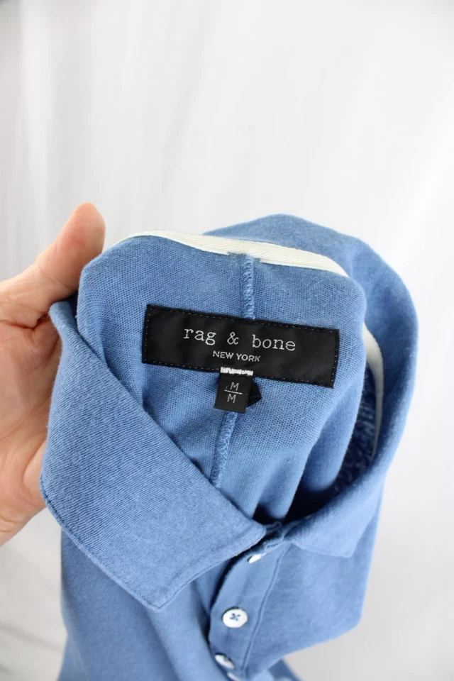 Camisa polo de manga corta Rag & Bone para hombre azul lino mezcla algodón talla mediana Foto 3 de 4