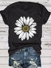 Women Daisy Floral Graphic T-Shirt Summer Flower Casual Crew Neck Tee Top