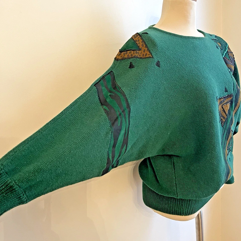 Suéter Vintage Años 80 Cedros Adornado Verde Cuero Cuentas Dolman Negro Grande Foto 3 de 4
