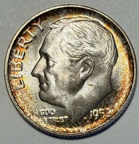 1952-S Roosevelt Dime, Choice Gem BU, Album Rainbow Toning! Silver