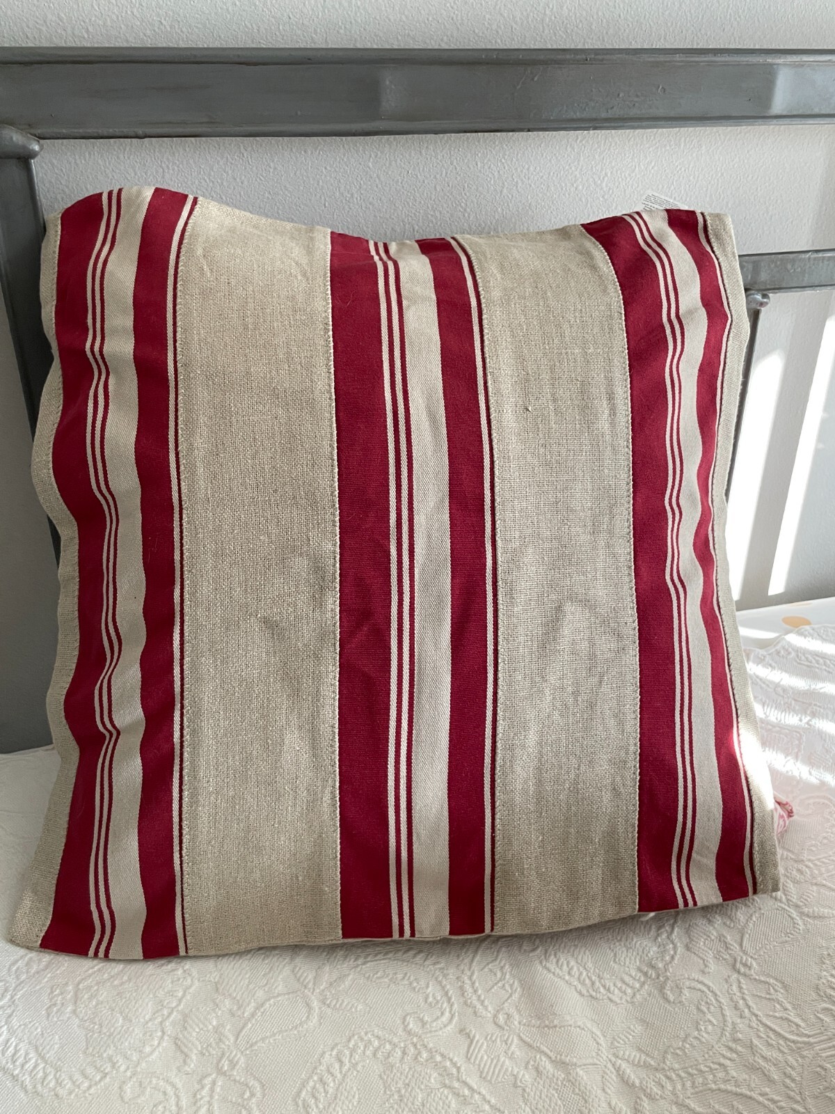POTTERY BARN Throw Pillow Cover Red Stripe Beige Linen Modern Farmhouse