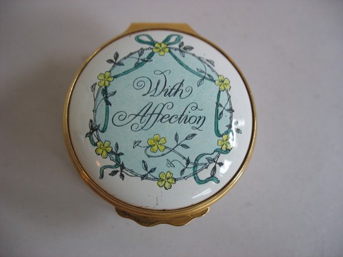 Bilston & Battersea London England enamel round box WITH AFFECTION Halcyon Days