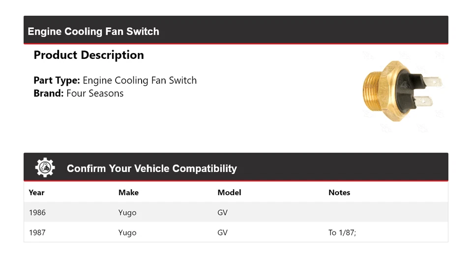 Para 1986-1987 Yugo GV Interruptor de ventilador de enfriamiento del motor 4 Estaciones Foto 2 de 4