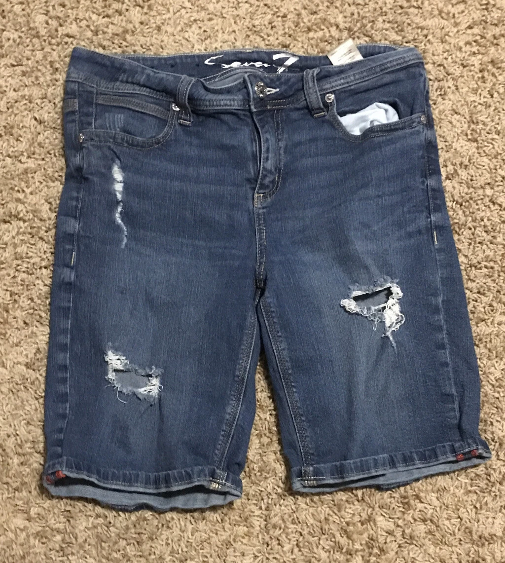 Seven Jeans Bermuda Shorts Blue Pockets Stretch Women s Size 10 Distressed