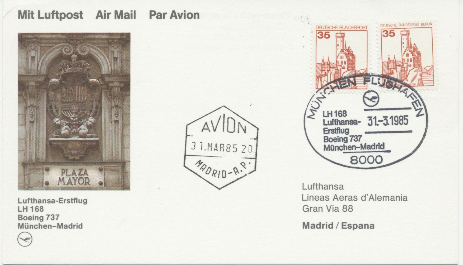 Federal Republic 1985 first flight German Lufthansa (LH) with Boeing 737 Munich-Madrid