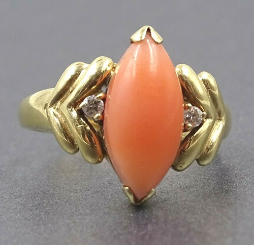 Vintage Unique Darling 14ct Yellow Gold Genuine RED CORAL & Diamond Ladies Ring - 第 3/8 張圖片