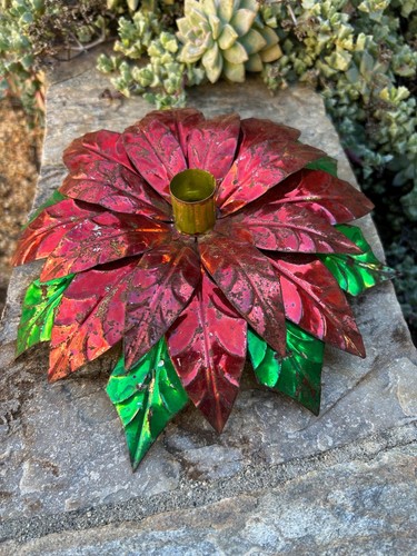 Vintage Rustic Mexican Pressed Tin Poinsettia Candlestick Holder