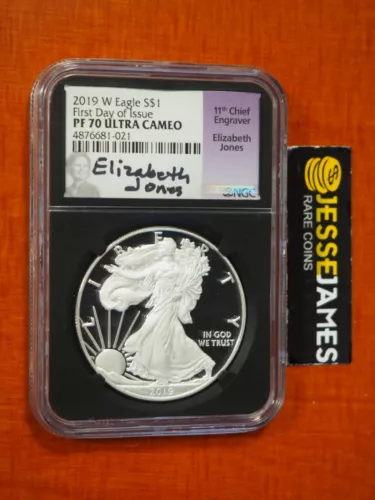 2019 W PROOF SILVER EAGLE NGC PF70 FIRST DAY ISSUE ELIZABETH JONES SIGNED LABEL