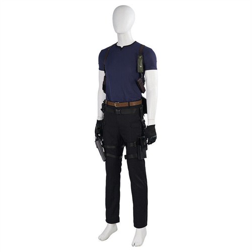White mannequin wearing navy short-sleeve shirt, black pants with thigh and hip holsters, brown belt, and tactical gloves.