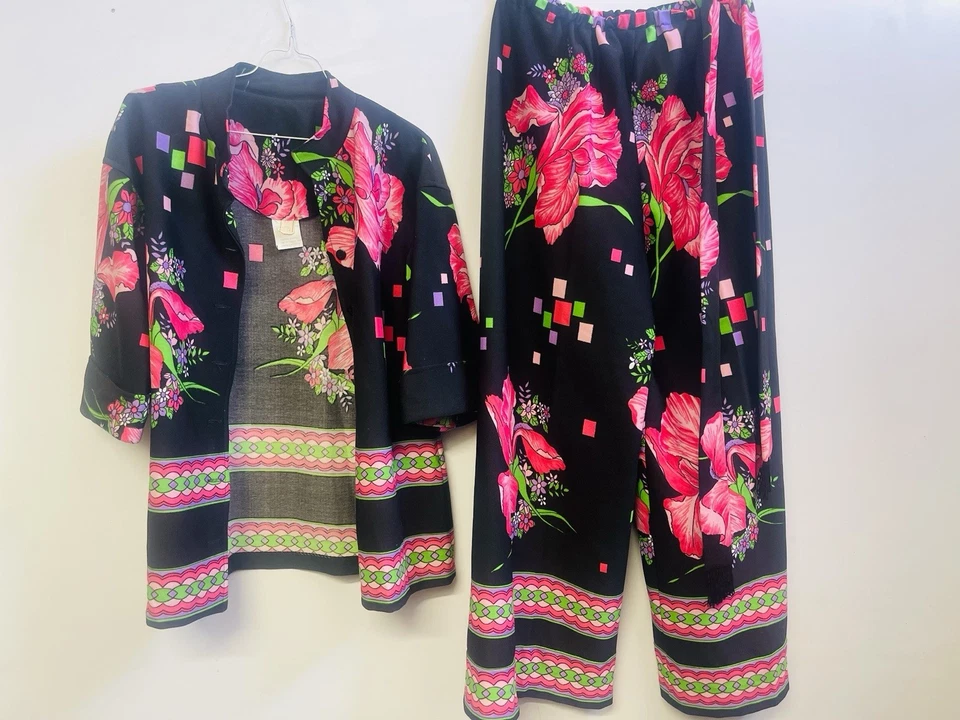 1960’s “ILGWU” Outfit Dress & Button Up - Pink Roses Black W/ Geometric Patterns - Image 2 of 4
