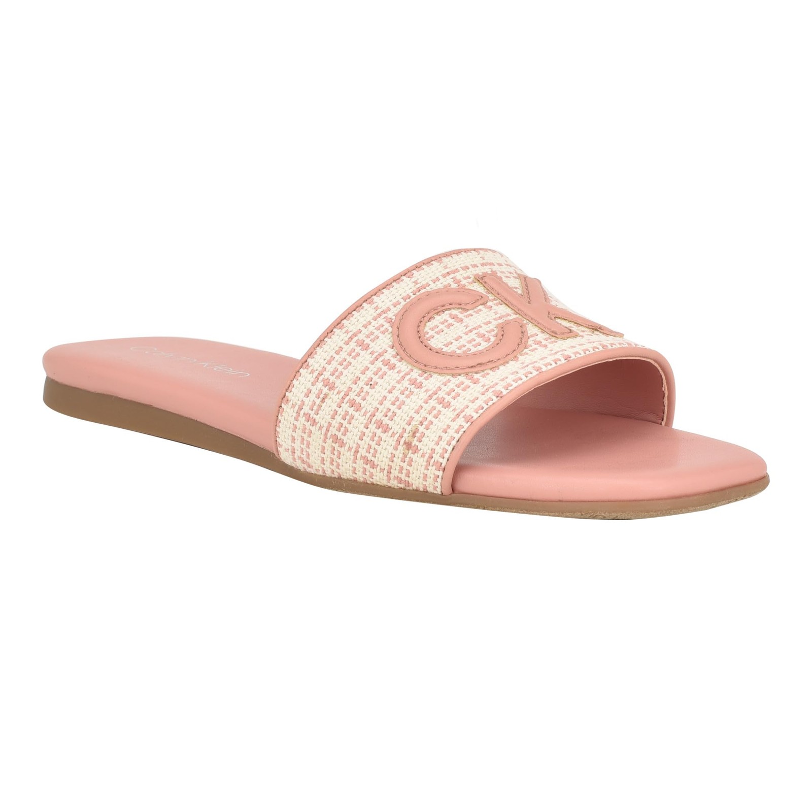 Calvin Klein Womens Yides Logo Textured Slides, Light Natural Textiles