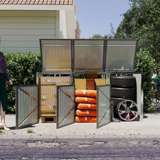 3-Bin Storage Shed with Lock, Waterproof Lid & Pneumatic Rod, for Patio & Garden