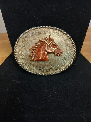 Vintage 1978 Raintree Horse Head Oval Belt Buckle Equestrian Western