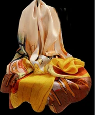 100% Silk Scarf Women neckerchief long Shawl Wrap yellow brown beige MY200-18