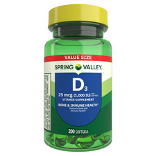 Spring Valley Vitamin D3 25 mcg 1000 IU Softgels, Bone Support, 200 Count