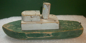 CUTE ANTIQUE VINTAGE 40s-50s HANDMADE WOOD TOY POND TUGBOAT OLD FARMERS ESTATE