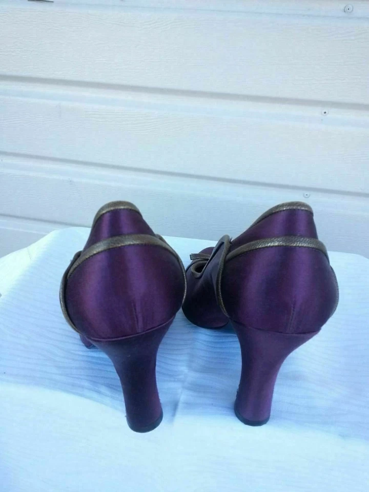 MIU MiU Prada фиолетовый атласный насосы туфли кожаная отделка блок каблуки США 8 ЕС 38 Италии - Изображение 4 из 4