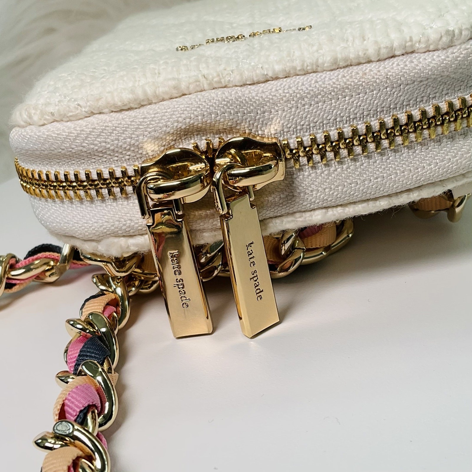 $299 Kate Spade Quilted Tweed Fabric Phone Chain Crossbody Ivory White Pink  thumbnail 2