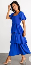 Baltic Born Ashbourne Cobalt Blue Tiered Ruffle Maxi Dress Puff Sleeve Size L