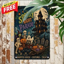 vintage halloween haunted house poster full moon backlit