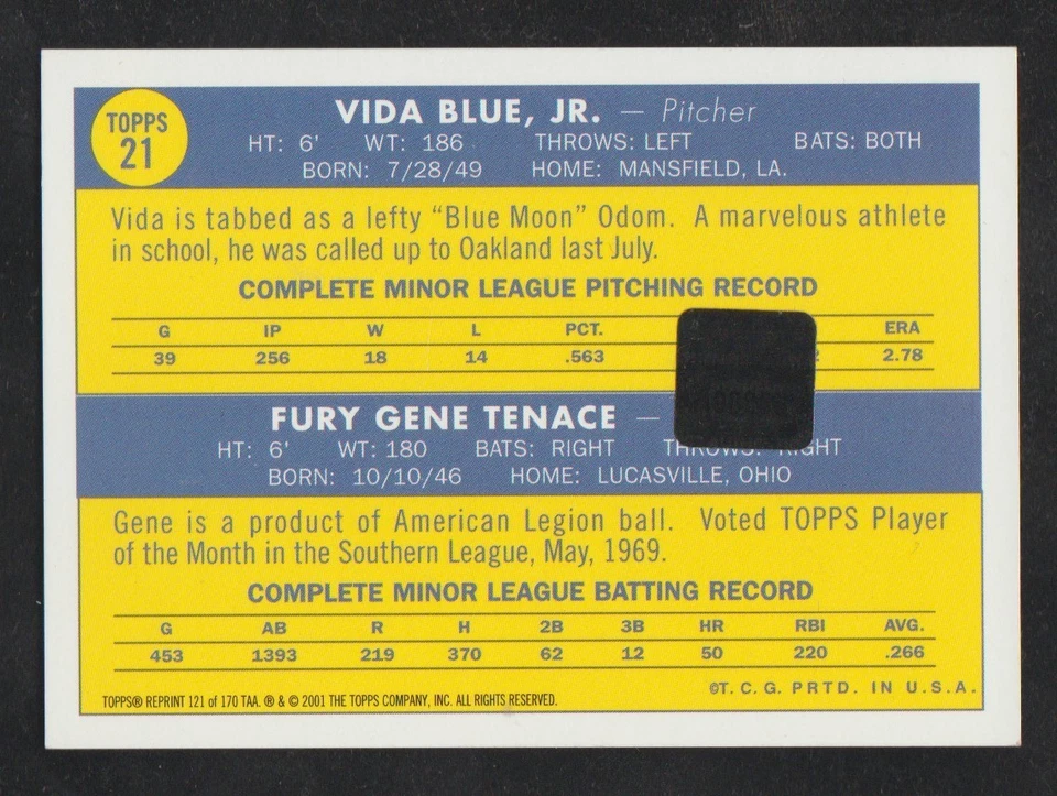 VIDA BLUE A's 2001 Topps Archives 1970 Rookie Reprint Autograph ON CARD AUTO - Image 2 of 2