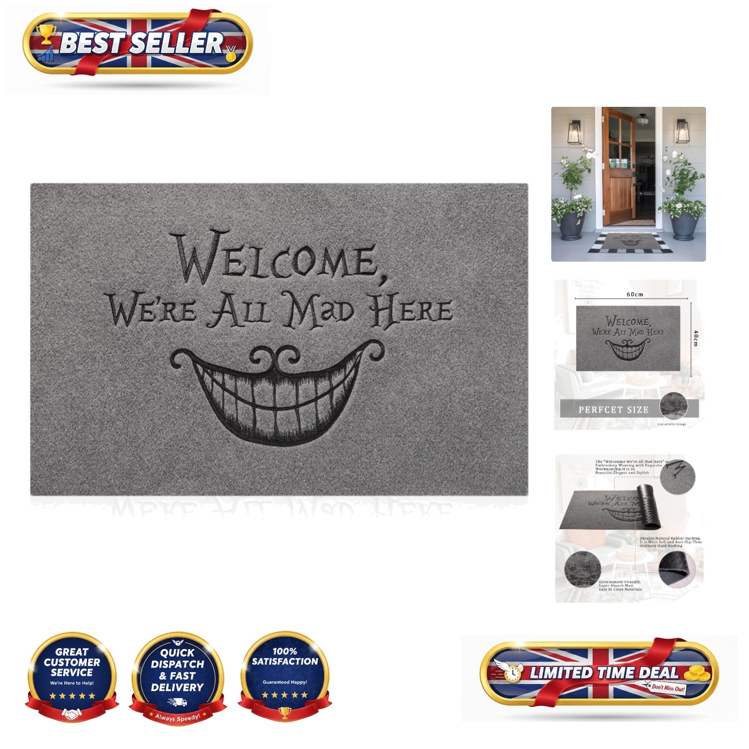 Stylish Light Grey Doormat with Non-Slip Backing - Perfect for Entryways 40x60cm