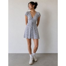 Cotton On Women small Floral Ruched Mini Dress Short Sleeve Blue White romantic