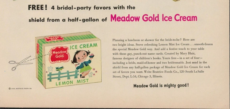 Anuncio impreso vintage Meadow Gold Ice Cream 1954, Beatrice Foods Co. (L5) Foto 3 de 3