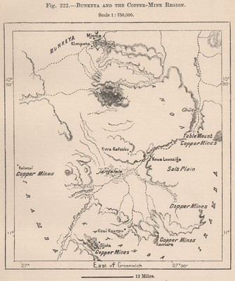 Bunkeya und die Kupferminenregion. Kongo 1885 alte antike Landkarte Plankarte