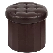 Brown 14x13 Round Folding Storage Ottoman, Leather Foot Stool, Small, Bench