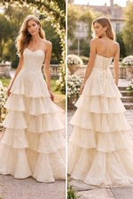 Bridal Ivory Lace Embroidered Tiered Ruffle Maxi Gown Corset Back Sz 4 NWOT Prom