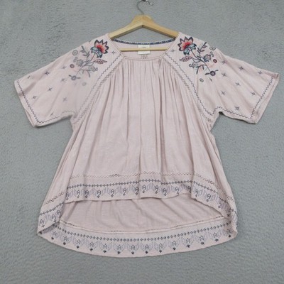 Knox Rose Boho Shirt Womens Medium Pink Embroidered Floral Kimono Sleeve Tunic