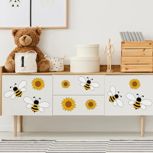 Watercolor Sunflower Bee Flower Wall Stickers, Floral Art Wall Decals - Afbeelding 3 van 6