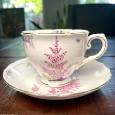 Tuscan Fine English Bone China Teacup & Saucer Pink Flower Butterfly 1940s EUC