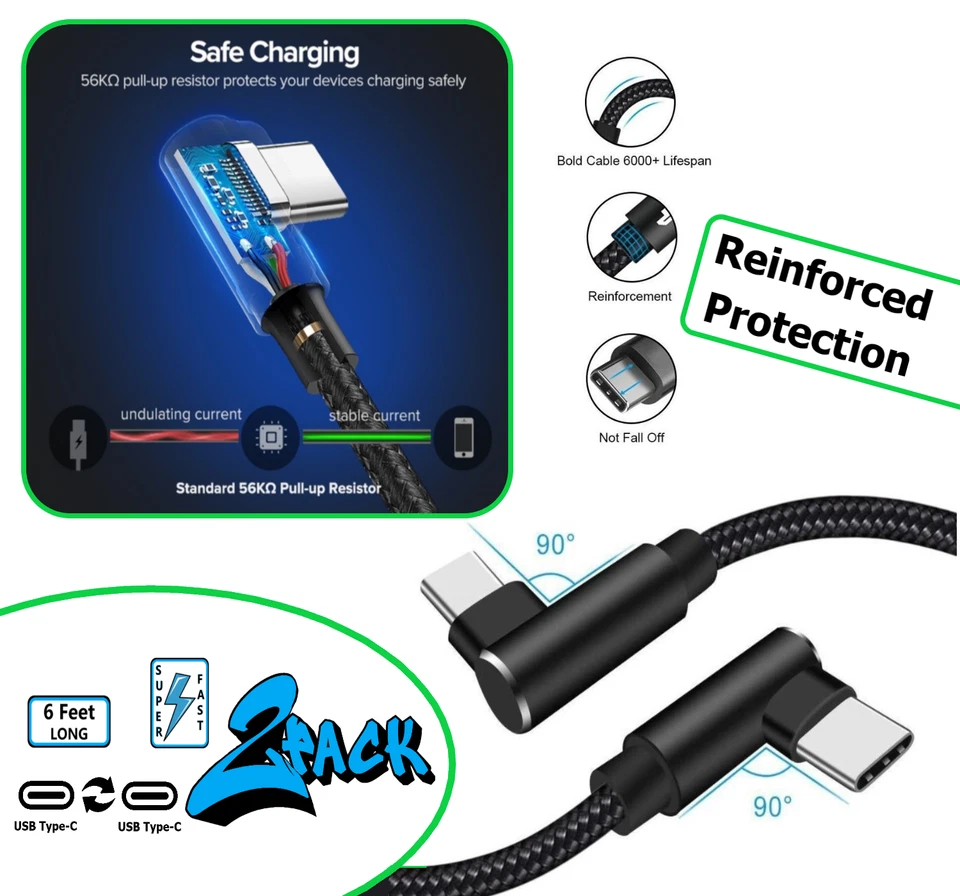 2 Pack 6ft C Fast Charger Cable USB Cord 90 Degree Nylon Fabric Adapter Cord Kit - Image 4 of 4