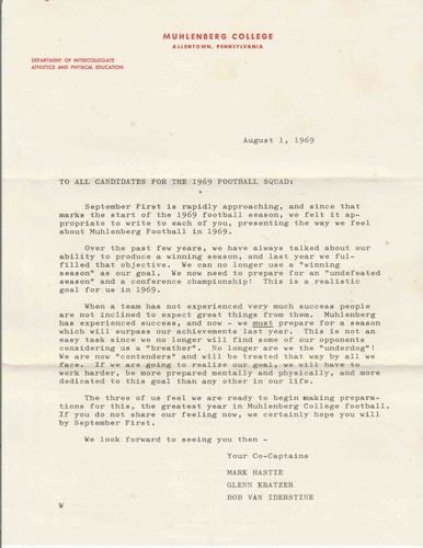 Carta de reclutamiento del equipo de fútbol americano Muhlenberg College Allentown Pennsylvania 1968 - Imagen 1 de 2