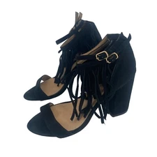 RAYE Revolve Size 5 Black Loni Fringe Ankle Strap Suede Heeled Sandals 