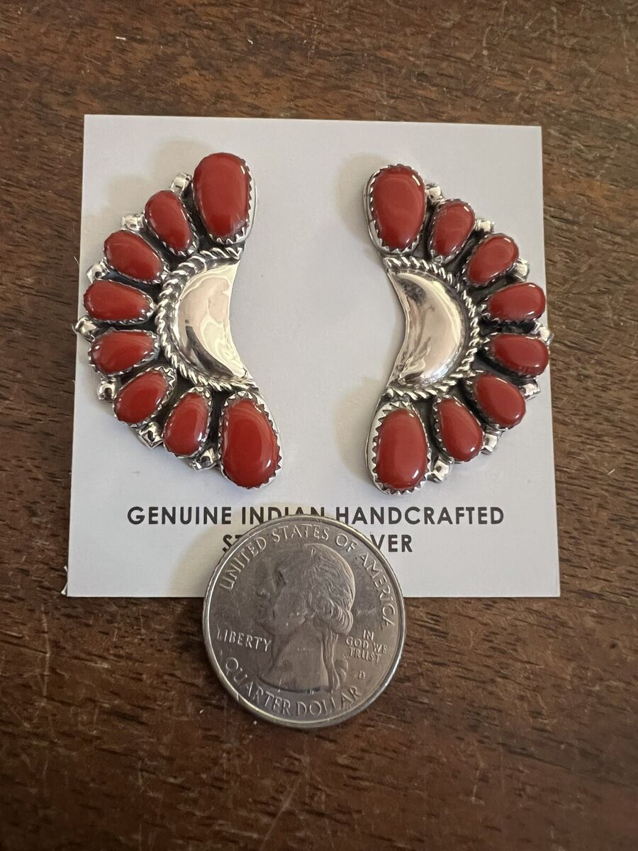 Remarkable Native American Zuni Coral Sterling Silver Dangle Earrings Remarkable Native American Zuni Coral Sterling Silver Dangle Earrings