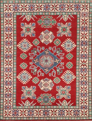 Geometric Super Kazak Oriental Red/ Ivory Hand-knotted Bedroom Rug Carpet 5'x7'