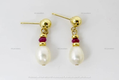 Pearl and Raw Ruby Earrings 925 Sterling Silver Elegant Earrings Mothers Day - Picture 5 of 8