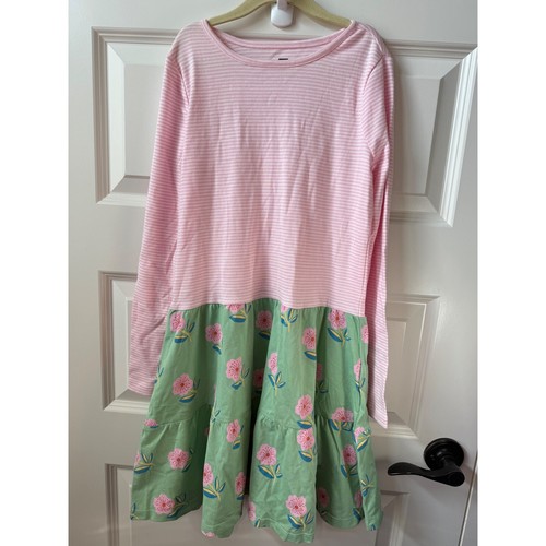New Tea Collection Tiered Dress Sakura Blossom Floral Pink Green Stripe Size 12
