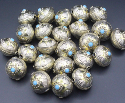 6PCS Beads, Turkmen Flat Alpaka Beads, Partial Gold Wash Beads, Tribal Beads,