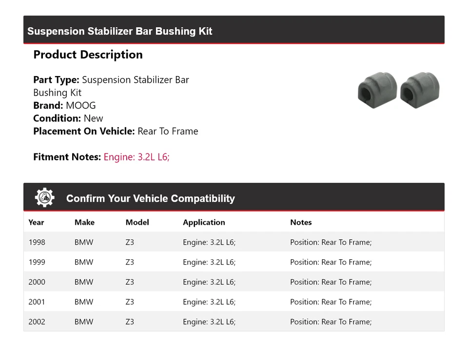 Kit de buje de barra estabilizadora de suspensión trasera a cuadro MOOG para BMW Z3 1998-2002 Foto 2 de 3