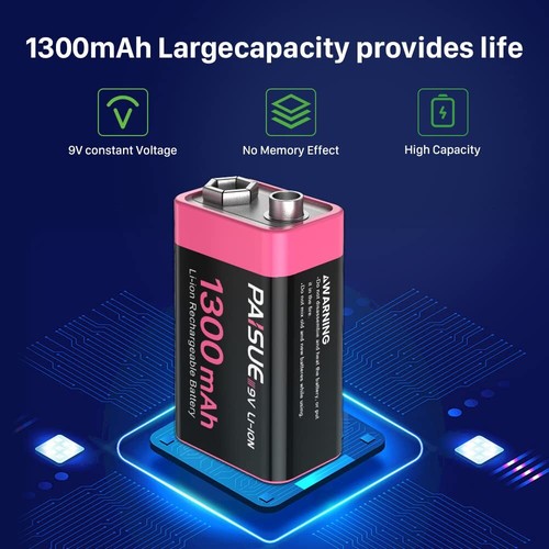Piles 9V Rechargeables 1300mAh Haute capacité Lithium-ION 9 Volt Piles carrée... - Photo 2 sur 7