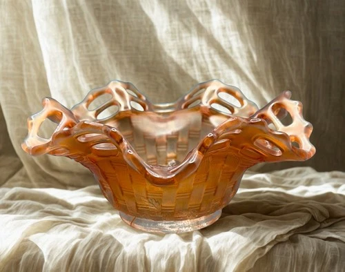 Vintage Carnival Glass, Marigold Basket Weave Open Lace Bowl • Iridescent