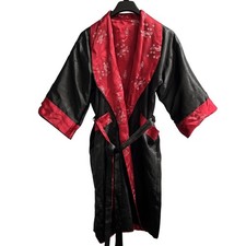 Kimono Robe M Reversible Black Satin Dragon Embroidered Red Asian Print Waist