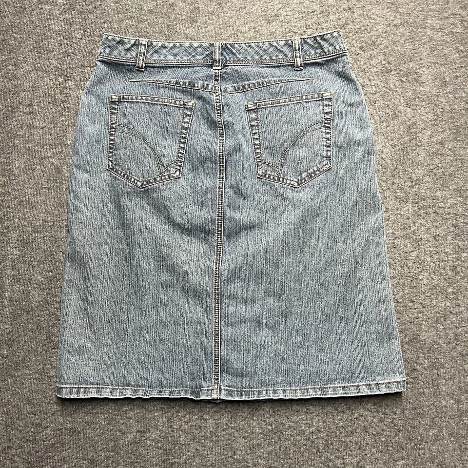 Saia jeans punho francês tamanho 8 bolsos lavagem média frente dividida lápis reto - Imagem 3 de 4