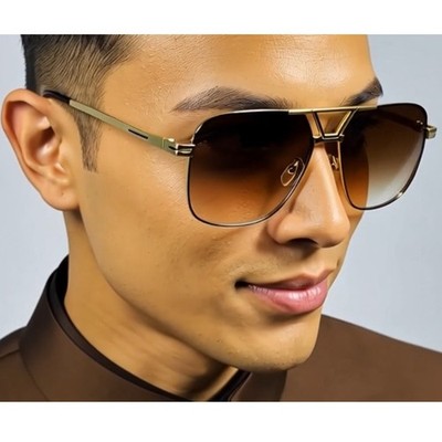 Men Sunglasses Brown Lens Rectangular Gold Frame Classy Street Wear Lentes Gafas