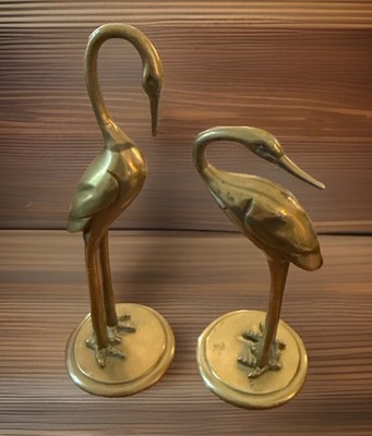 12- Set of 2 Vintage Brass Cranes Herons Water Birds Pair Couple 6.5'' & 5.5''
